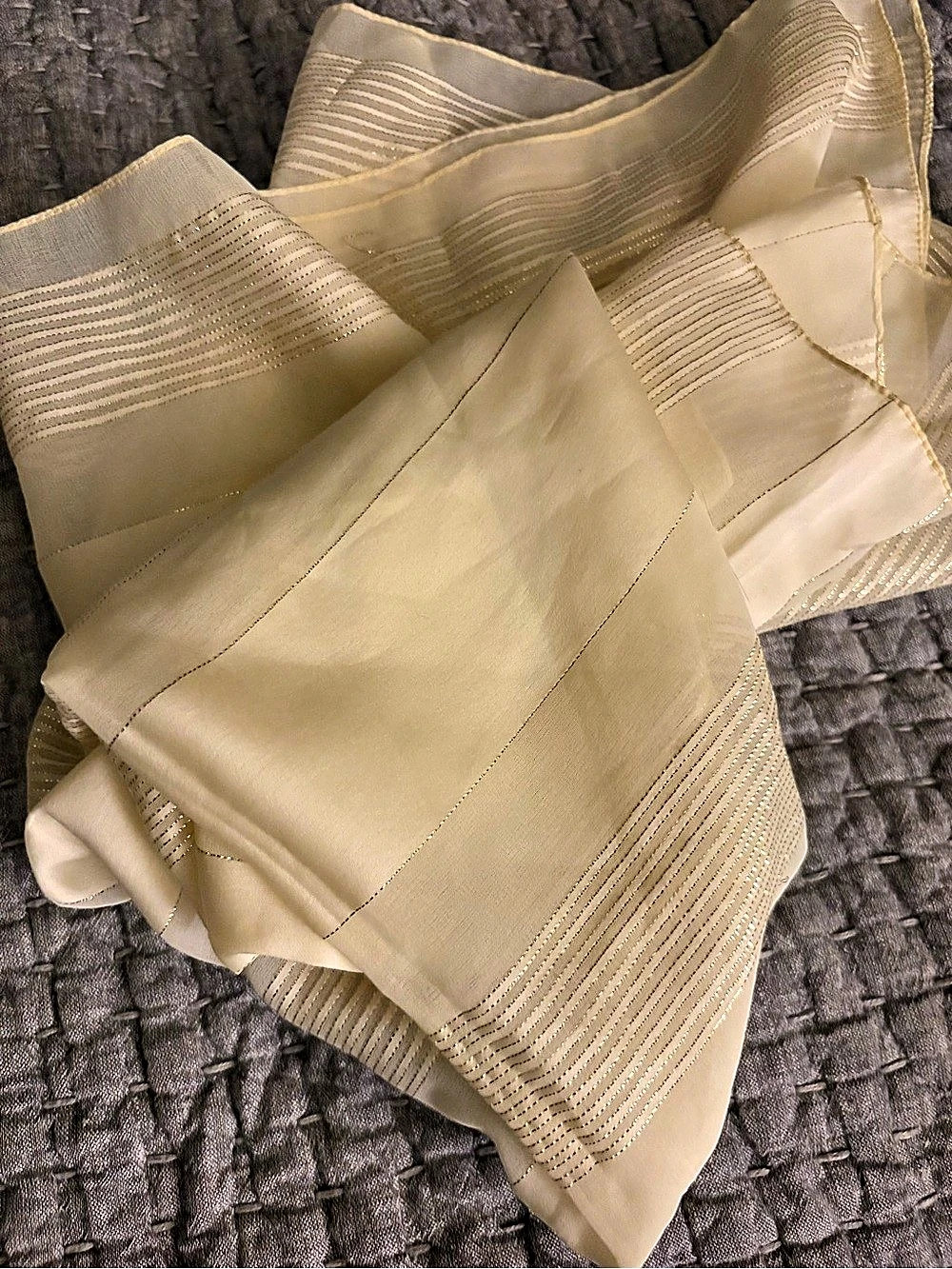 Beautiful Sheer Striped Cream Scarf with woven Sparkly Gold threads.  Made in It